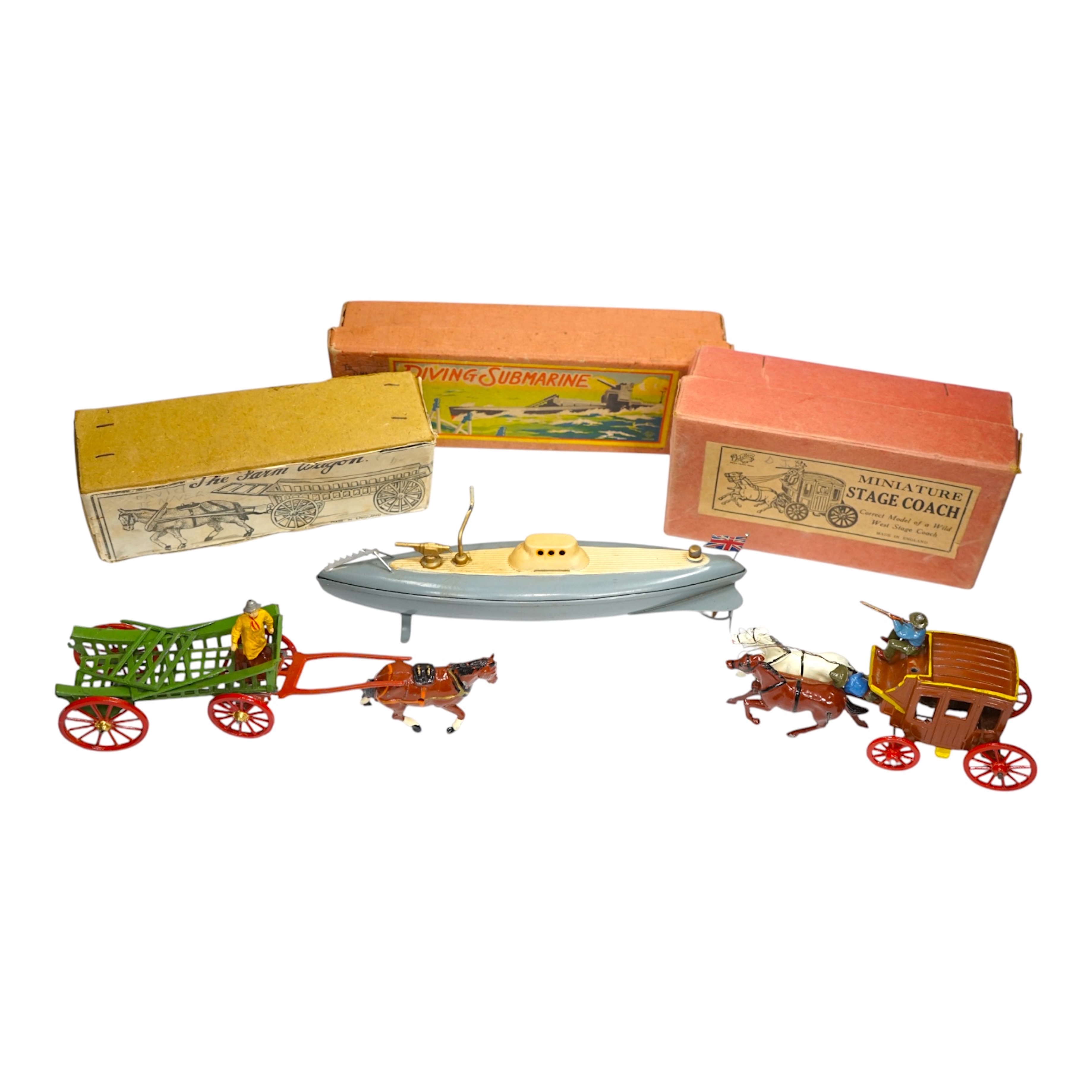 Three boxed 1930s toys; a Johillco Miniature Stage Coach, a Charbens (Set; 503) The Farm Wagon, and a CK, Japan, Diving Submarine in grey-blue finish with Union flag and friction drive motor. Condition - fair to good.